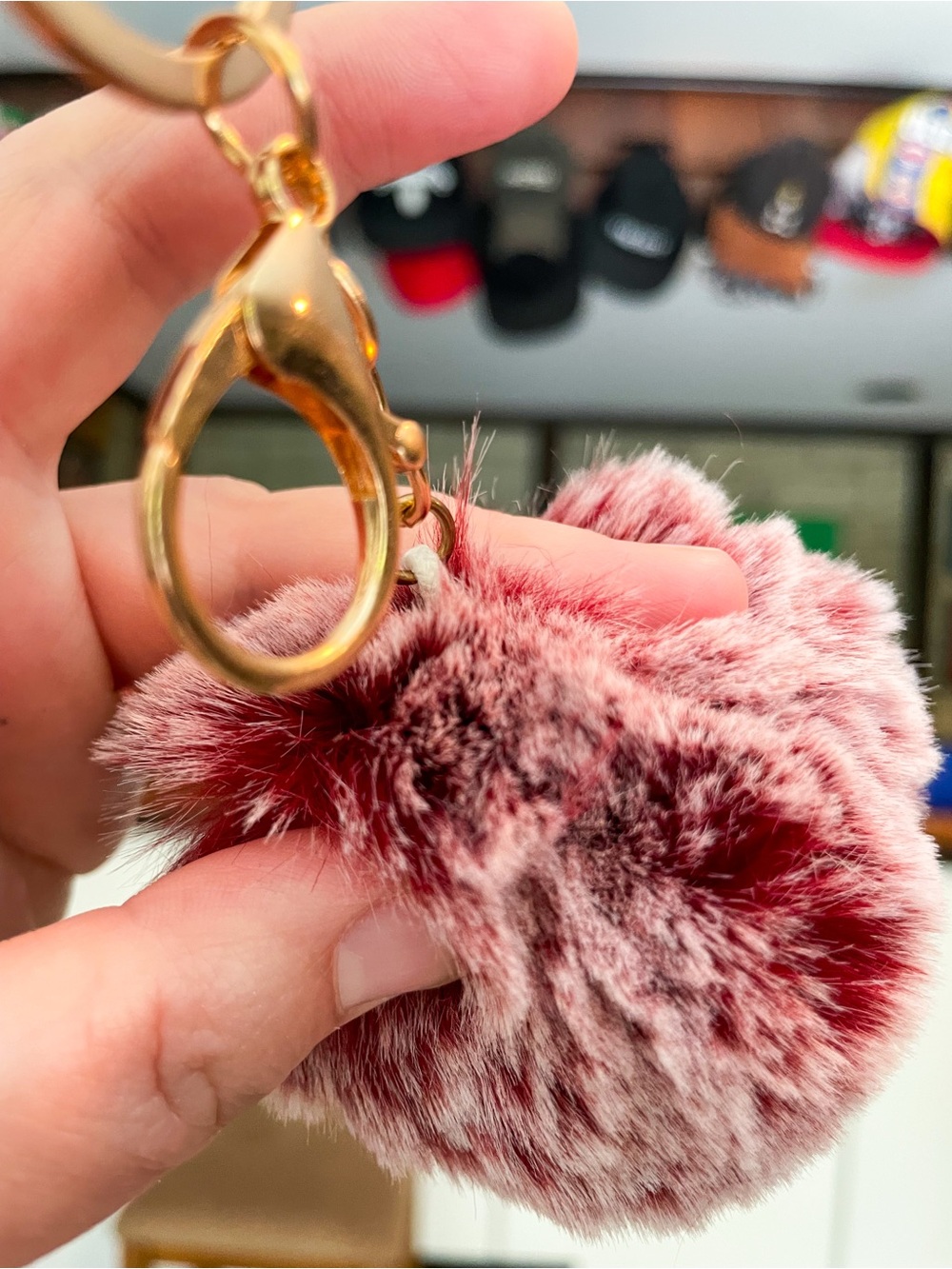 Faux Fur Pom-Pom Keychain Purse Bag Backpack Charm Keyring - Dark Red - Picture 3 of 5